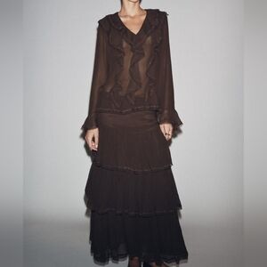 ZARA beaded ruffle blouse ZW Collection brown